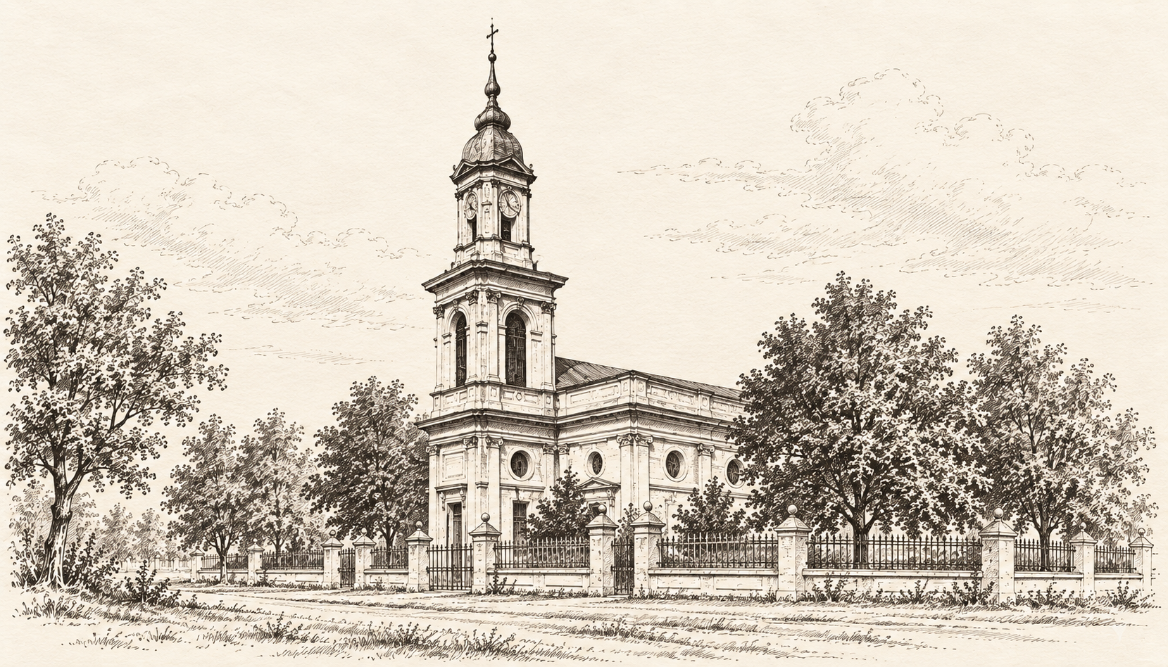 d. Kościół ewangelicki — grafika piórkiem