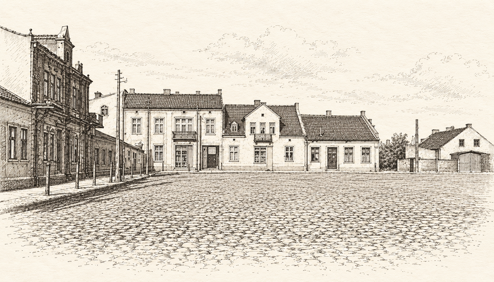 Duży Rynek — dzisiejszy Plac Kościuszki — grafika piórkiem