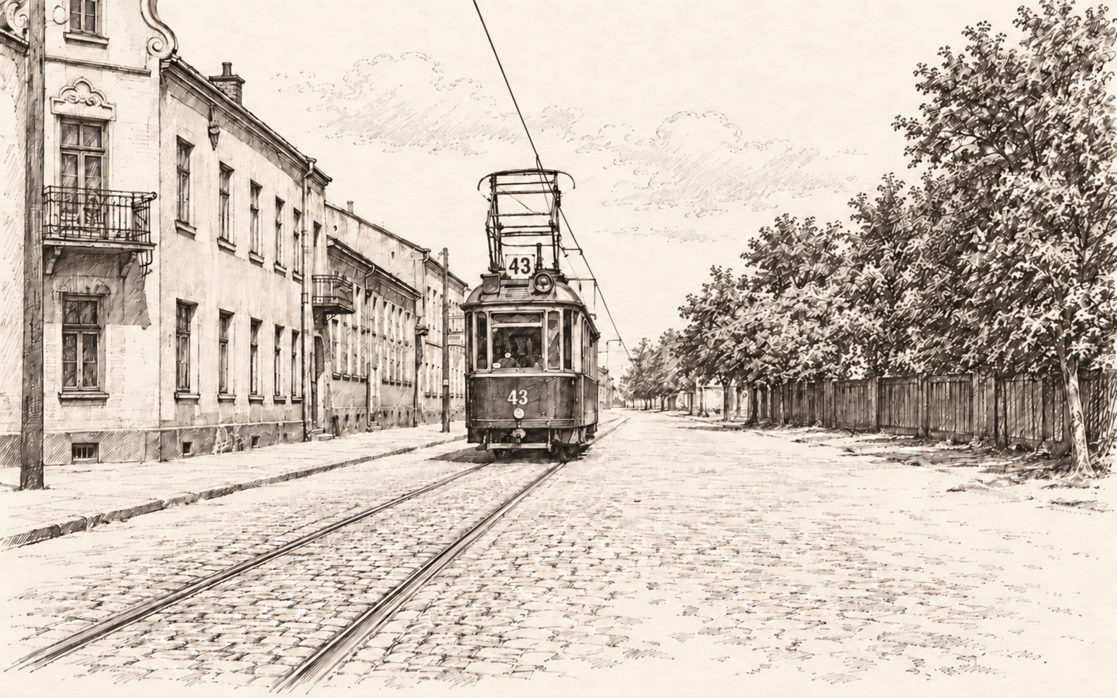 Tramwaj na ulicy Łódzkiej — grafika piórkiem